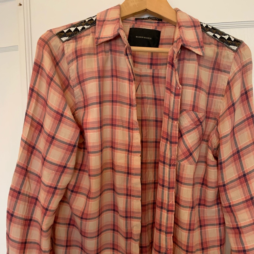 Scotch Mason pink plaid shirt w/beaded shoulder detail size M/L